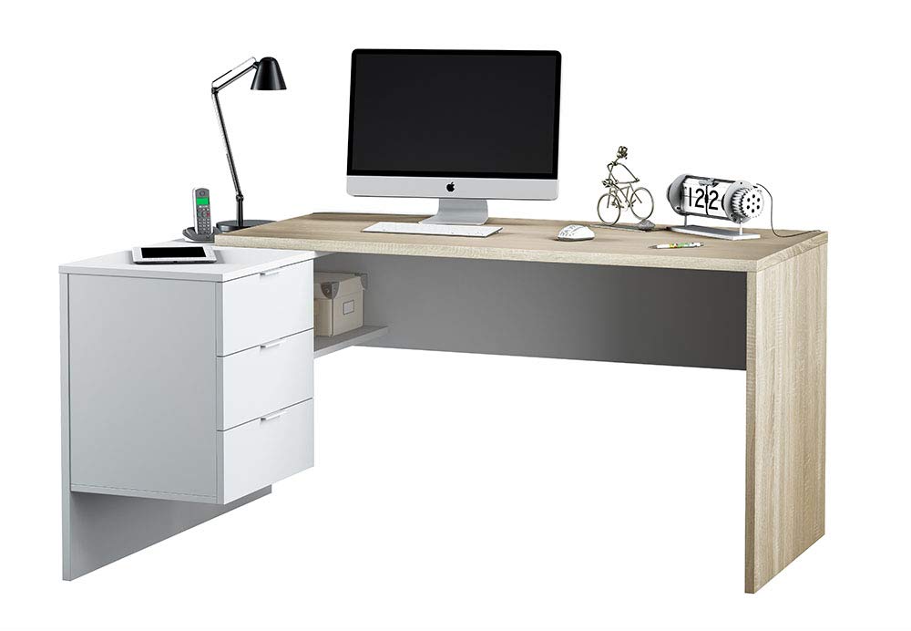 Mobelcenter - Mesa de Oficina Modelo Office - Mesa despacho Ordenador con 3 cajones - Color Blanco Artik Mate y Roble Canadian - 1150