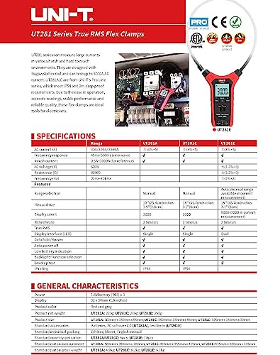 UNI-T UT281C Medidor de Pinza Flexible Digital AC 3000A Multímetro Manual con Luz de Fondo miniatura 5