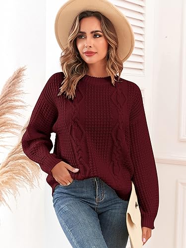 Image of ZAFUL Womens Sweater Cable Knit Oversized Sweaters Crewneck Long Sleeves Casual Knit Pullover Tops