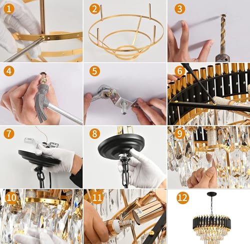 Image of Desidiya Black Mamba Modern Crystal Pendant Light 4 Tiers Black and Gold Fixtures 14 inch Round, Stainless Steel Tube Crystal Golden Finish Exqusite Design Pendant for Home and Office (500mm)