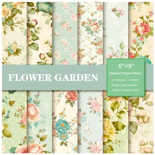 papel scrapbook,accesorios scrapbook, Paquetes de papel con estampado floral de una sola cara, 6' x 6', 48 hojas, 12 diseños, suministros for hacer tarjetas y álbumes de fotos, color rosa y verde
