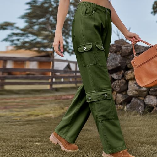 Womens Cargo Jeans High Waisted Wide Leg Trousers 2024 Trendy Plus Size Denim Cargo Pants with Flap Pocket Y2K Streetwear Tactical Pants Army Green L3