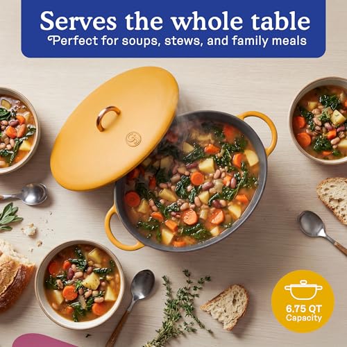 Image of Great Jones 6.75 Quart Enameled Cast Iron Dutch Oven Pot w /Lid (Mustard) | Large Dutch Oven For Bread Baking, Oval with Dual Handles, All Stovetop Safe up to 500, Non Stick & Dishwasher Friendly