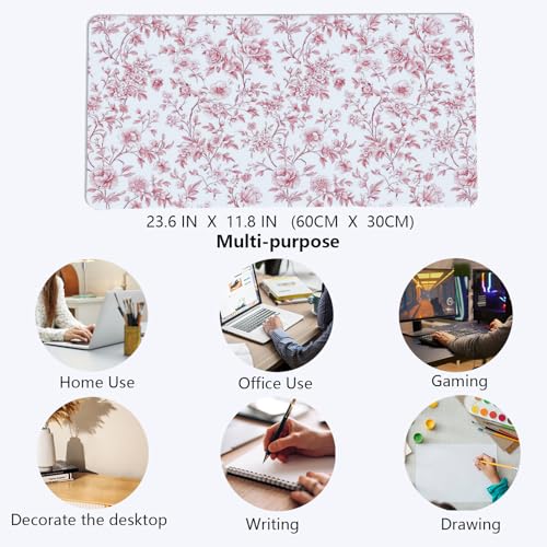 Image of Pink Chinoiserie Mouse Pad,Vintage Pink and White Floral Desk Mat,XL Large Vintage Flowers Preppy Mouse Pad,Girly Laptop Desk Mat for Dorm Home Office,23.6x11.8 Inch