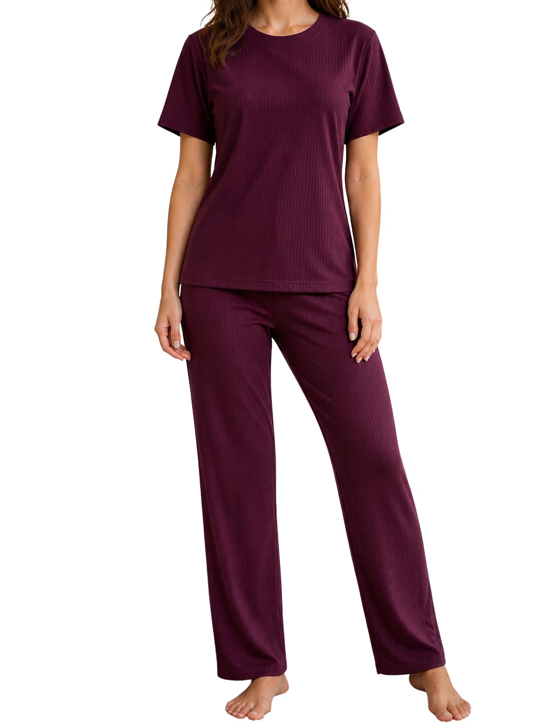 rinkweve Women Ribbed Night Suit Set for Women Cotton Lounge Wear Co Ord Set Soft Half Sleeve T Shirt and Pyjama Set Sleepwear-picture-7