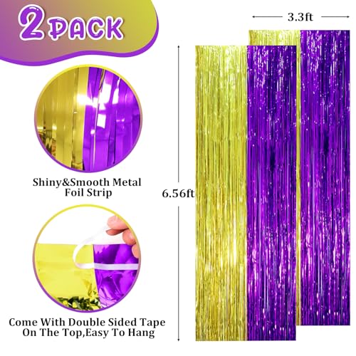 Image of Voircoloria 2 Pack Purple and Gold Foil Fringe Backdrop Curtains, Tinsel Streamers Party Decorations, Fringe Backdrop, Door Shimmer for Graduation or Birthday Party