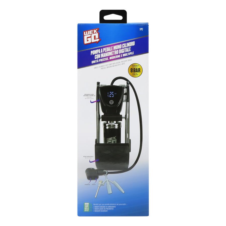 WEKGO Pompa a Pedale Auto/Bici con Manometro Digitale Precisione | Gonfiatore Universale 8 BAR / 120 PSI per Pneumatici, Palloni, Gonfiabili | Valvole Presta/Schrader, Tubo Lungo 58cm