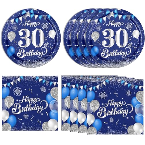 40PCS 30th Birthday Decorations Supplies for Men and Women Navy Blue Silver Happy 30 Year Old Birthday Decor Including Plates Napkins Serve 20