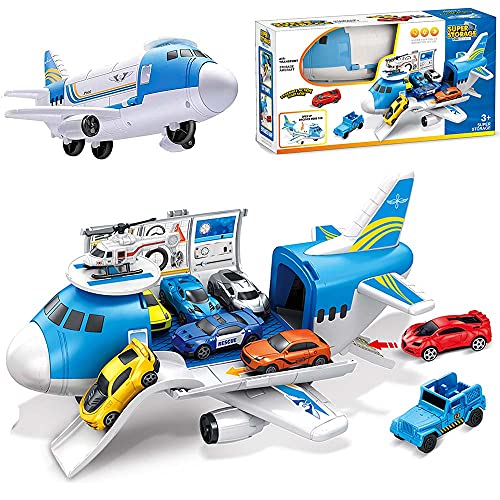 BAKAJI Playset Avión Garaje Juguete Niños Avión Plegable con 2 Coches Pista Aterrizaje Helicóptero Tobogán y Portón Trasero Abatible Cuidado en Cada Detalle