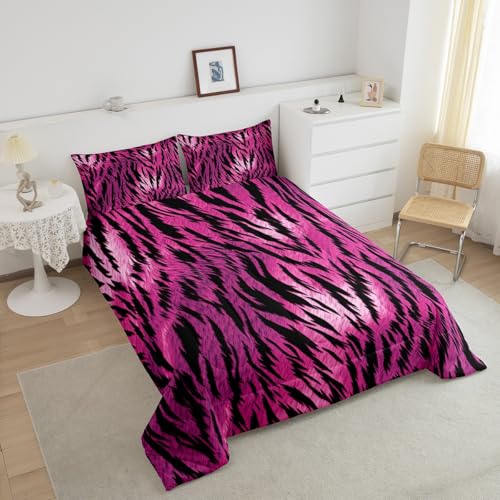 Image of Feelyou Zebra Stripe Comforter Set King Kids Boys Girls Hot Pink Zebra Bedding Set Wild Animal Bedding Set Skin Fur Print Duvet Set 3Pcs