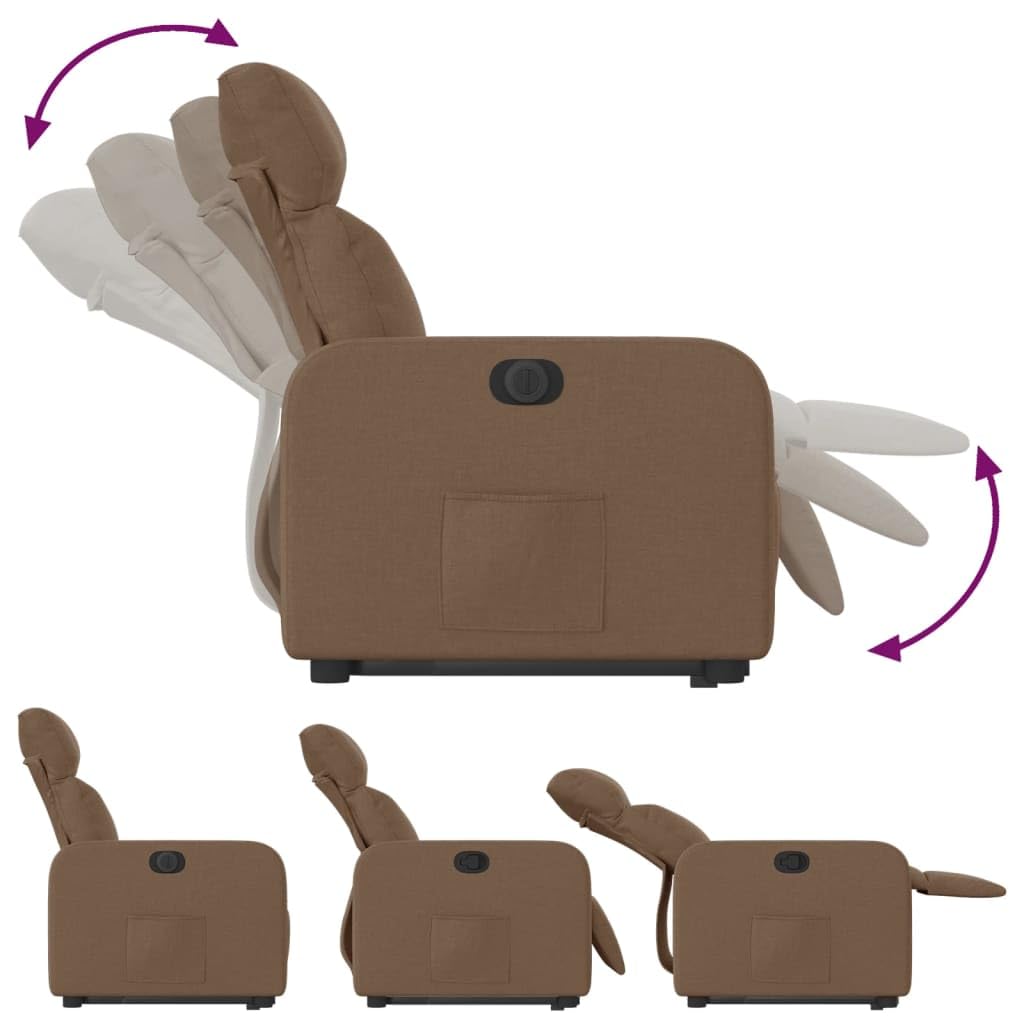 Sillón elevador reclinable eléctrico marrón tejido con motor para elevación y función reclinación automática hasta 135 grados, estructura estable de madera y metal,