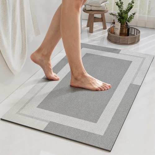YDKGL Non Slip Bath Mat, Rubber Backing Ultra Thin Bathroom Rugs Fit Under Door Quick Dry Super Absorbent Washable Bath Rug Shower Mat for Bathroom Floor Bathtub Shower Sink, Easy Care Gray 16'x 24'