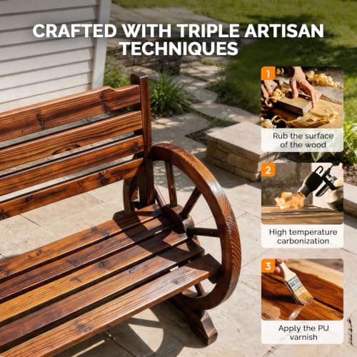 Image of VINGLI Rustic Wooden Wheel Bench Outdoor Bench, Patio Bench Wagon Slatted Seat, Garden Benches for Outdoors 350lbs High Capacity, Weather Resistance (Rustic, 55in)
