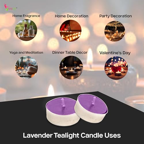Image of Kriti Life Lavender Scented Tealight Candles 100% Paraffin Wax 4.5 Hours | Smokeless Long Burn Time | Dripless Purple Candles for Home Decoration Set of 50