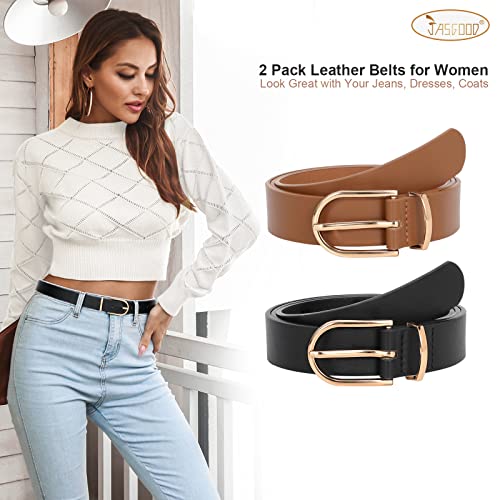 JASGOOD 2 Pack Women’s Leather Belts for Jeans Pants Fashion Ladies Belt with Silver Buckle2