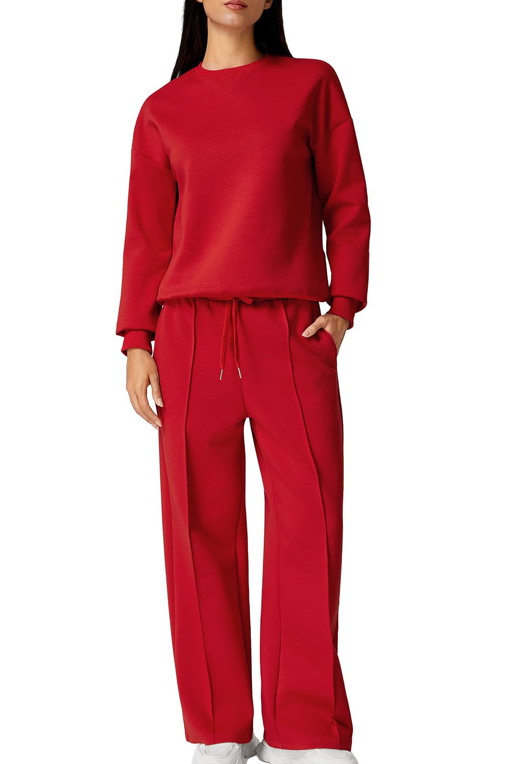 QINSEN 2 Piece AirCotton Outfits Sweatsuits Long Sleeve Pullover Sweatshirt Wide Leg Sweatpant with Pockets Tracksuit