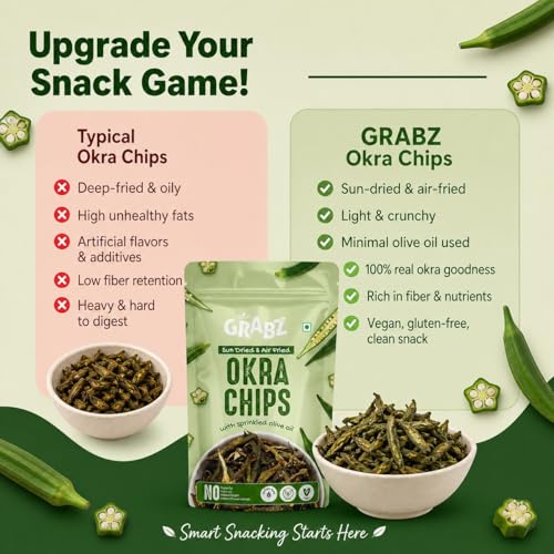 Image of GRABZ Crispy Bhindi Okra Chips| Air-Cooked, Solar-Dehydrated | Low Calorie Snacks - Roasted , Namkeen - No Transfat Diet| Gluten Free, Low Gi, No Cholesterol & Dried Vegetables chips | High Fiber, Olive Oil & Spicy Garlic Masala Flavor | 20g Each (Pack of 3)