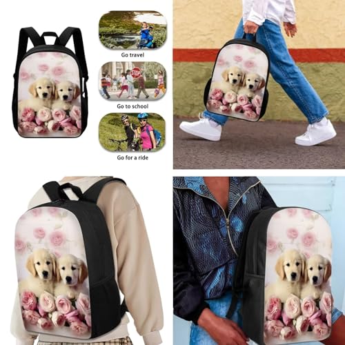 Golden Retriever Printed Backpack Set with Lunch Box and Pencil Pouch, Rose Printed 3 Pcs Schoolbag for Boys Girls Teens with Adjustable Strap, 17 Inch Knapsack for Travel Camping2