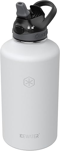 ICEWATER -Botella de agua aislada de 64 onzas, medio galón, con popote y asa de transporte, tapa bloqueable a prueba de fugas con boquilla de
