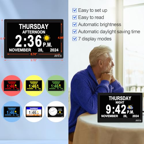 Image of SSYA Dementia Clock for Seniors, Digital Clock with Date and Day of Week, Auto DST, Non-Abbreviated Large Calendar Alarm Clocks (Black)