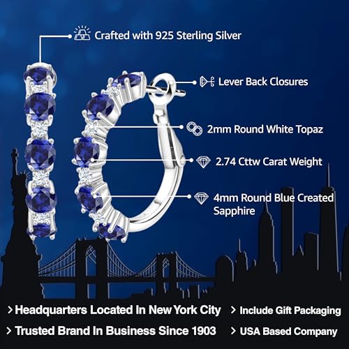 Gem Stone King 2.74 Cttw Blue Created Sapphire Hoop Earrings For Women | 925 Sterling Silver | Round 4MM and 1.9MM | Gemstone Birthstone | 1 Inch Diameter | Fine Jewelry Gifts for Her Mom Wife2