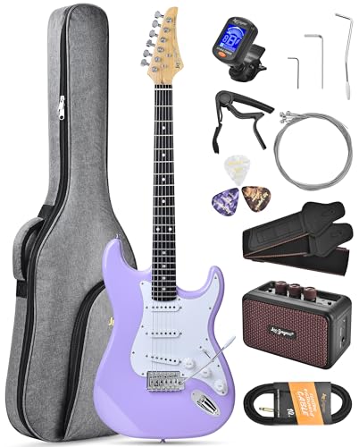Leo Jaymz Beginner Electric Guitar 39 Kit with Portable Amplifier Padded Gig Bag Digital TunerCapoStrapPicksClassic SSS Pickups (Lavender-SSS)