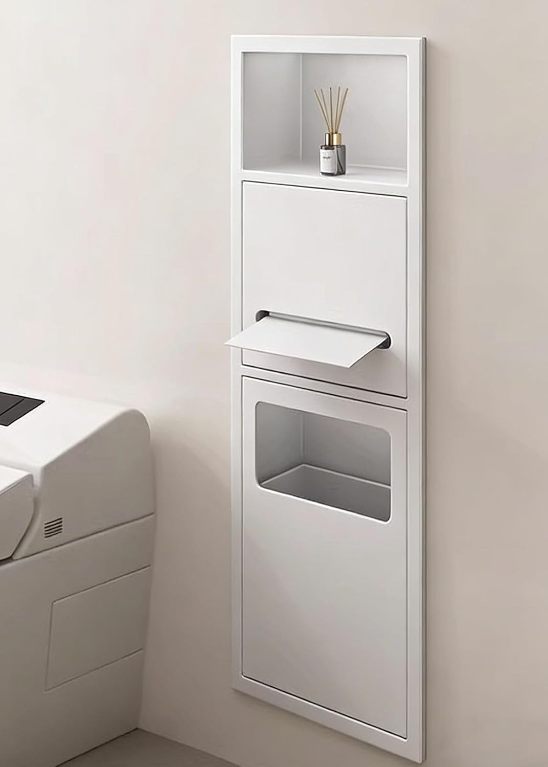 Built-in Toilet Paper Holder with Storage Compartment, Stainless Steel Wall-Mounted Trash Can Set, 3-in-1 Multifunctional Shower Wall Cabinet(White)