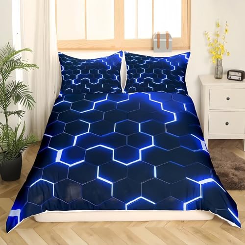 Tabeskly Hexagon Raum Geometrie Jungen BettwäSche Kinder KinderbettwäSche Bed Duvet Cover Bedding Set Schwarz Blau 200×200cm