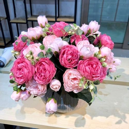 DEEMEI Artificial Peony Flower Silk Peonies Bouquet 4 Bundles Fake Flowers Bulk for Home Wedding Party Decor (Rose Red+Pink) - Afbeelding 5