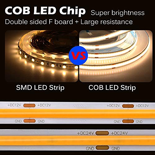 Image of DC 12V /24V 5MM Width PCB Premium High Brightness COB LED Strip Flexible High Density Chips CRI 90+ UHB Warm Natural White Light 5M (White Light 6000K, DC 12V)