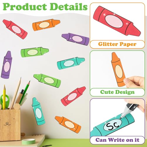 Image of Glitter Crayon Cutouts - 100Pcs Back to School Colorful Crayon Cutouts Bulletin Board DIY Paper Cuts Name Tag for Graduation First Day of School Party Classroom Bulletin Board Wall Decor Supplies