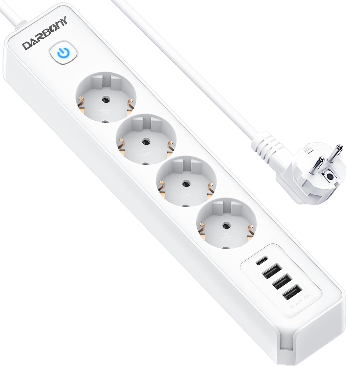 Steckdosenleiste 4 USB Mehrfachsteckdose Wandmontage mit Schalter, 4-Fach Steckerleiste Überspannungsschutz 3680W 16A Mehrfachstecker mit USB C Verteilersteckdose Büro 1.8M Verlängerungskabel Weiß