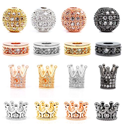 JiaUfmi 16 Pieces King Crown Charm Spacer Beads King Crown Beads Mixed Color Loose Spacer Bead Connector Spacer Beads Crown Charms for DIY Jewelry Making, 4 Colors, 4 Styles
