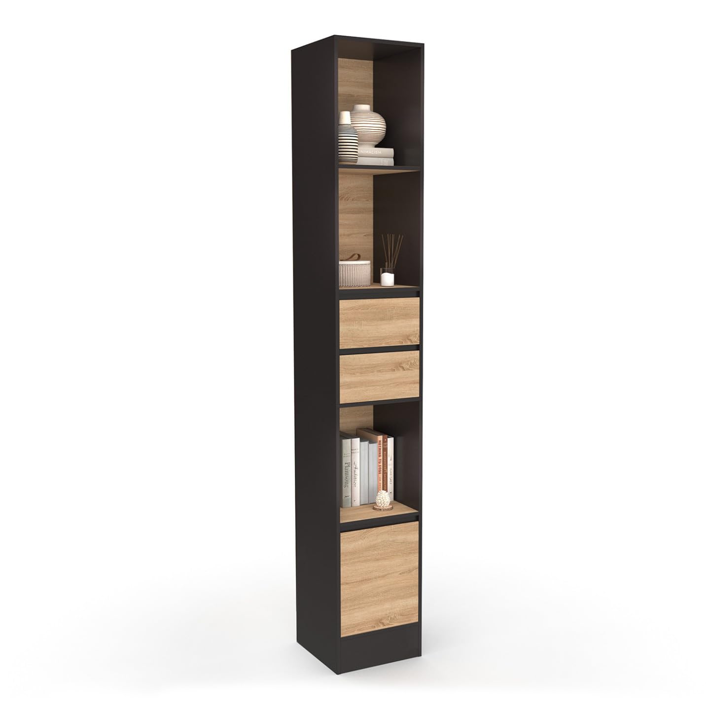 IDMarket - Libreria CARLA 3 livelli 2 cassetti 1 armadio effetto legno e nero H.190 cm