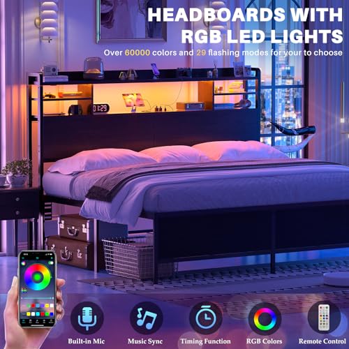 Image of Aheaplus Headboard for Queen Size Bed with Storage, Black | Headboards with LED Light, Power Outlets, USB Ports Queen Size Head Board, Wood headboard Only Sturdy and Stable Headboards