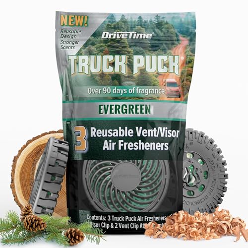 Image of Drive Time Truck Puck Evergreen Fragrance Car Air Freshener - Long-Lasting Car Deodorizer, Refillable Vent & Visor Clip Auto Air Freshener for Car, Truck & SUV, Premium Fragrance, Pack of 3