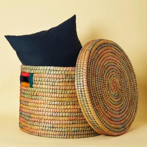 Large Storage Rainbow Jute Grass Lid Basket (21