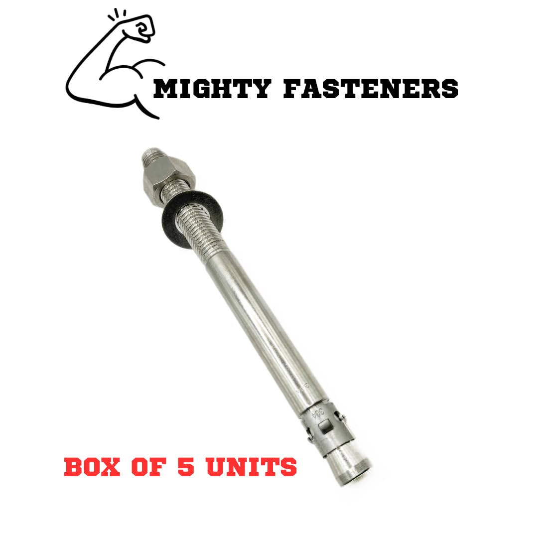 Mighty Fasteners Wedge Anchors – Heavy-Duty 304 Stainless Steel Expansion Bolts for Concrete & Masonry, Rust-Resistant & Durable - 1" X 12" - 5 Pack