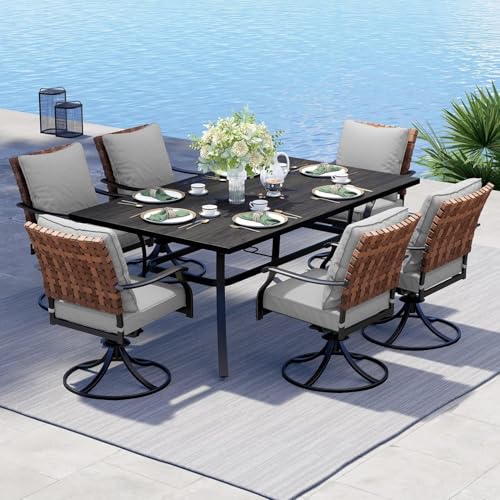 Image of Grand patio 7-Piece Outdoor Dining Set, 6 Leather-Look Wicker Swivel Patio Chairs & 1 Rectangular Dining Table, Black