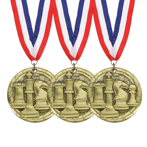 PATIKIL Medallas de Oro para Torneos de Ajedrez con Cintas Rojas, Blancas y Azules, 3 Pzas Medallas de Oro Plata Bronce para Ganadores en Competencias Deportivas, Fiestas, Oro