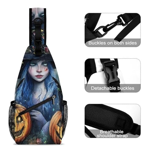 Small Cross Body Sling Bag For Women Men Mini Shoulder Bag Chest Pack For Travel Halloween Pumpkin Black Cat Magic Witch Painting3