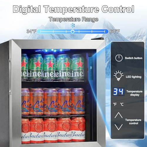 Image of Mini Fridge 50 Can, Small Beverage Refrigerator with Reversible Glass Door, Countertop Drink Cooler with Temperature Control, Compact Beer Soda Fridge for Office Dorm Kitchen, Stainless Steel
