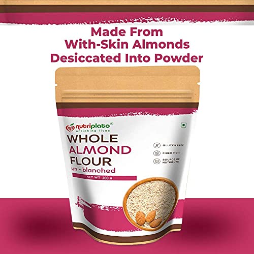 Image of Nutriplato-enriching lives Unblanched Almond Flour Vegan | Crushed Badam [Keto-Friendly, Naturally Protein-Rich, Unblanched (with Skin) Almond Fine Powder] Pouch, 200 g