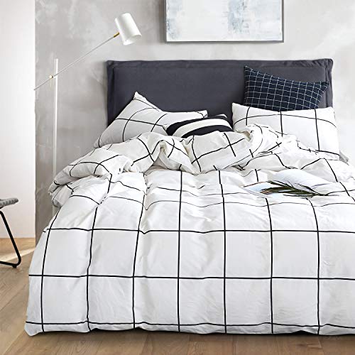 Image of KAREVER White Grid Comforter Set Big Grid Bedding Set King White Black Plaid Printed Stripes Women Checkered Comforters Bedding White Plaid King Comforter