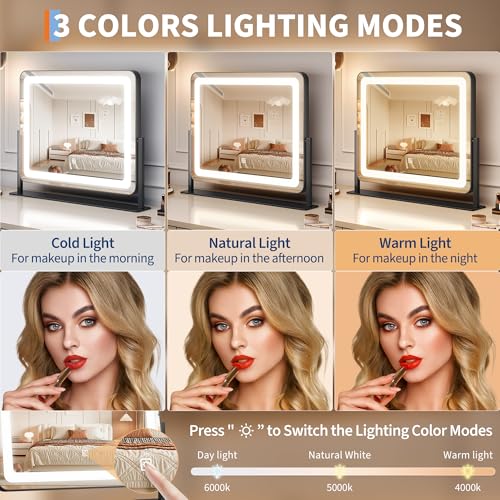 19.6"x15.7" Vanity Mirror with Lights, Large Lighted Mirror, LED Makeup Mirror with 3-Color Dimmable Modes and Smart Touch Control, Perfect for Desk or Bedroom, Vanity Desk Tabletop Makeup, White