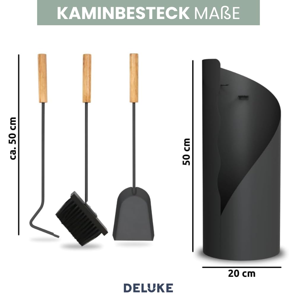 Kaminbesteck modern IGOR | 5-teilig mit Holzgriff | Schürhaken Besen Ascheschaufel | Kamingarnitur Anthrazit Ofenbesteck Kaminzubehör