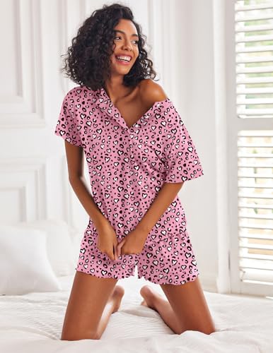 Image of Ekouaer Pajamas Set for Women Short Sleeve Lounge Set 2 Piece Loungewear PJs Soft Cute Lightweight Sleepwear