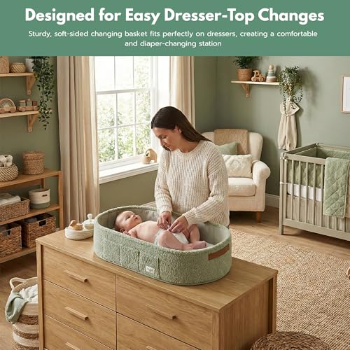 Image of PeraBella Baby Changing Basket for Dresser Top, Baby Moses Basket for Newborn, Portable Diaper Changing Pad Table Topper for Dresser, Includes Diaper Caddy Organizer with Handle, Moses Bassinet Mat