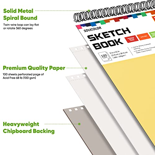 College Graduation Gifts, Halloween Christmas Gifts, Nursing Student Essentials, Teacher Appreciation Gifts, Soucolor 9" x 12" Yellow Sketch Book, 1-Pack 100 Sheets Spiral Bound Drawing Paper