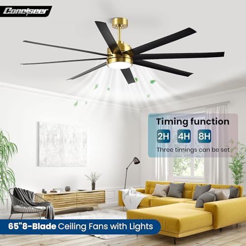 Image of Conciseer 65 Inch Ceiling Fans with Lights and Remote for Bedroom Living Room Kitchen Office, Indoor /Outdoor Use, 3CCT, 8 Blades 6 Speed Reversible Dimmable Quiet DC Motor, Gold /Black